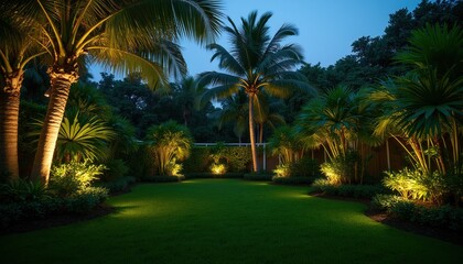 Rich garden at night with illuminated palm trees and green lawn. Accent lights highlight tropical plants and foliage creating magical ambiance. Evening exterior.