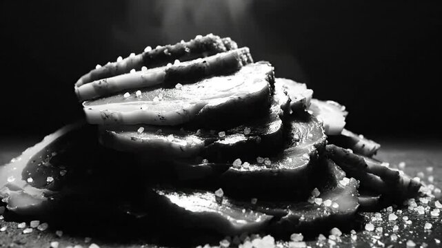 Savory Black and White Close Up of Deliciously Sliced Meat Stacked and Seasoned with Sea Salt