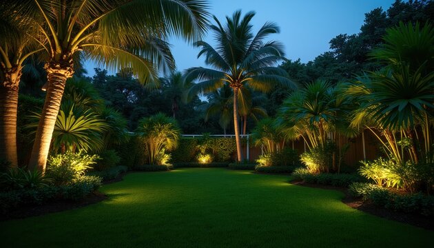 Rich garden at night with illuminated palm trees and green lawn. Accent lights highlight tropical plants and foliage creating magical ambiance. Evening exterior.