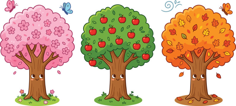Vector illustration of cartoon trees representing spring, summer, and autumn with blossoms, apples, and colorful leaves in playful style