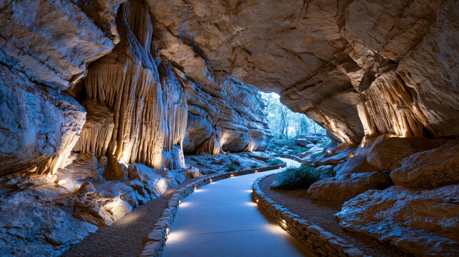 Scenic interior view of a massive illuminated limestone cavern with a walking path leading to the exit created with Generative AI Technology, ai, generative