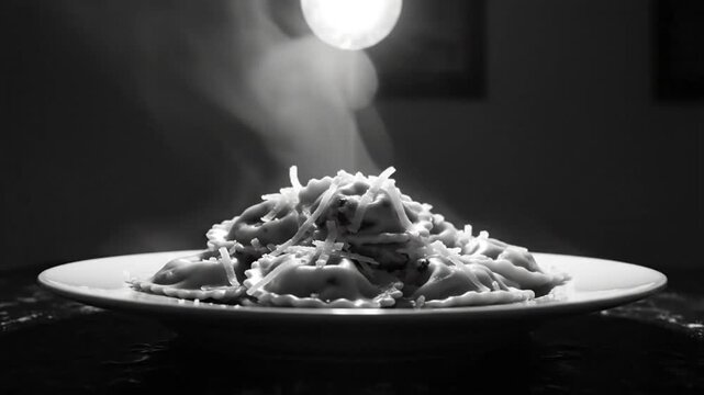 Steaming plate of delicious ravioli pasta topped with cheese in dramatic black and white lighting for a gourmet food concept.