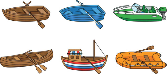 Vector illustration of different boats including rowboats, motorboat, fishing boat, and inflatable raft representing watercraft and nautical themes © Creative Stoker