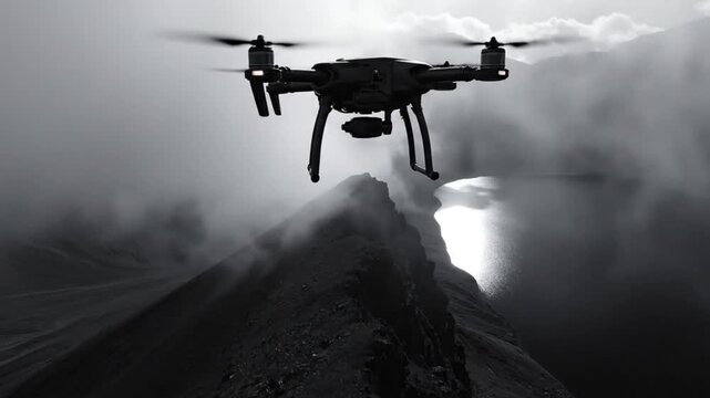 Drone hovers over mountain ridge, fog surrounds landscape, serene black and white aerial footage