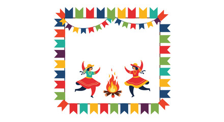 Fototapeta premium Festive illustration of two women dancing around a bonfire at a Brazilian carnival framed by colorful decorative buntings.