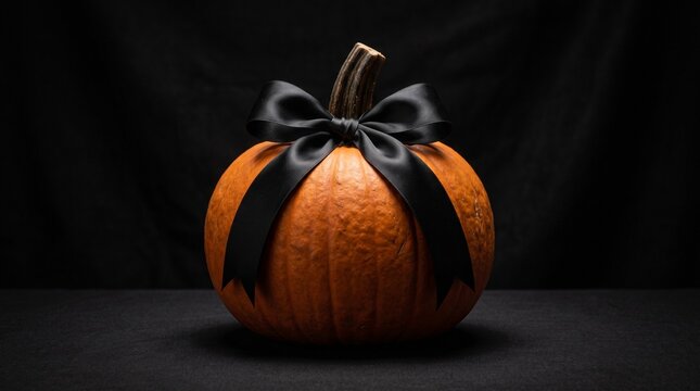 Elegant halloween pumpkin with black ribbon festive fall decoration and gift concept