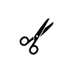 Fototapeta premium Black silhouette of open scissors with sharp blades and finger loops, isolated on a white background, for craft and, office use projects