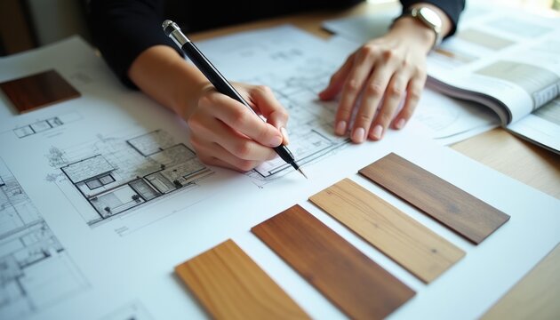 Architect draws building plan near wood samples. Designer selects material for home renovation project. Person works on blueprint with color swatches.