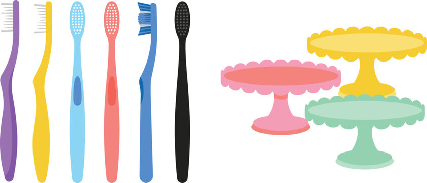 Toothbrush and cake stand illustration with colorful hygiene tools, pastel serving trays, everyday objects, and decorative vector design elements