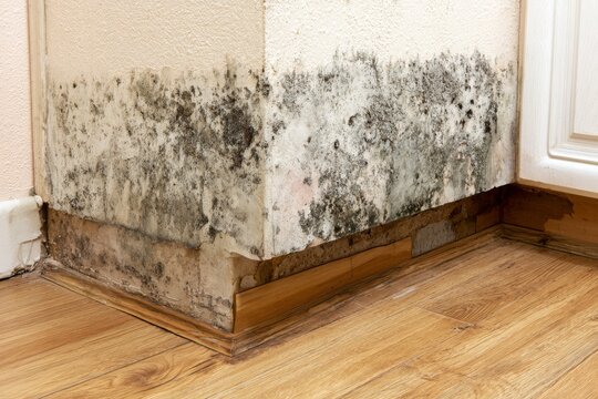 Mold growth observed in a corner of a room with wooden flooring and a kitchen wall during a home inspection