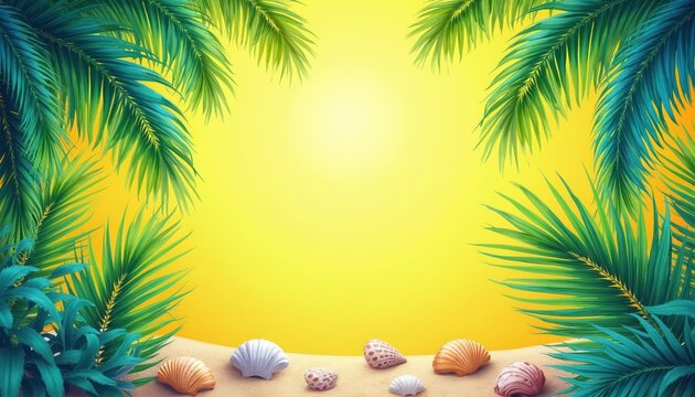 Tropical palm leaves frame sunny yellow background with sand and seashells. Summer vacation theme offers bright, vibrant island vibes for posters or ads.