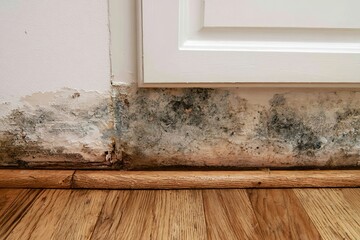 Fototapeta na wymiar Mold growing on wall near baseboard in a room with wood floors during daylight hours