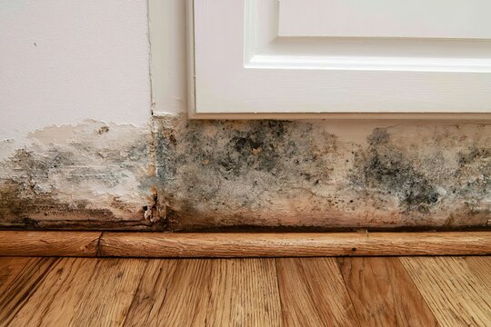 Mold growing on wall near baseboard in a room with wood floors during daylight hours