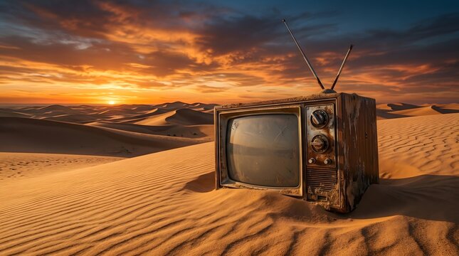 Vintage television set in a desert landscape a weathered and obsolete appliance against a vibrant sunset old cathode ray tube