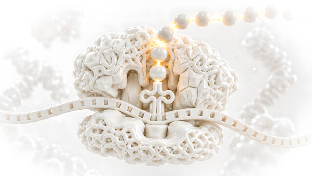 Ribosome Protein Synthesis and Translation Process, Conceptual 3D Illustration of Cellular Translation, Polished White Ceramic and Golden Light Medical Visualization on High-Key Background