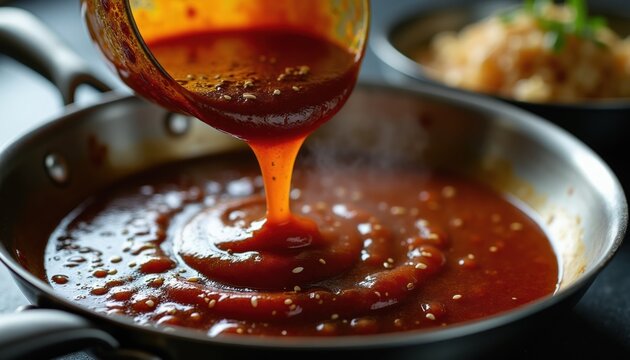 Rich brown sauce pours from glass ladle into hot pan with sesame seeds. Steam rises from food being prepared in restaurant kitchen. Delicious meal cooking.