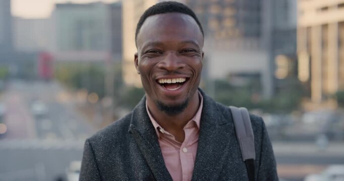 Business, face and funny with black man in city for ambition, career or job satisfaction. Commute, laughing and opportunity with happy employee outdoor in urban town for morning travel to work