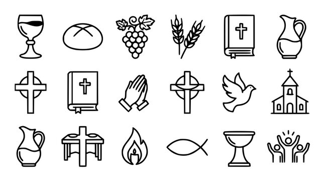 Christian communion icon collection with cross bread wine and faith graphics