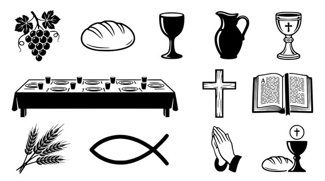 Christian Last Supper icon set with bread wine cross and communion symbols