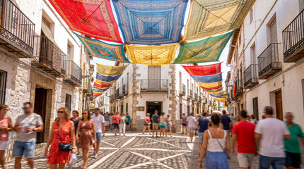 Obraz premium Tejidos coloridos crean una cubierta festiva sobre una calle tradicional.