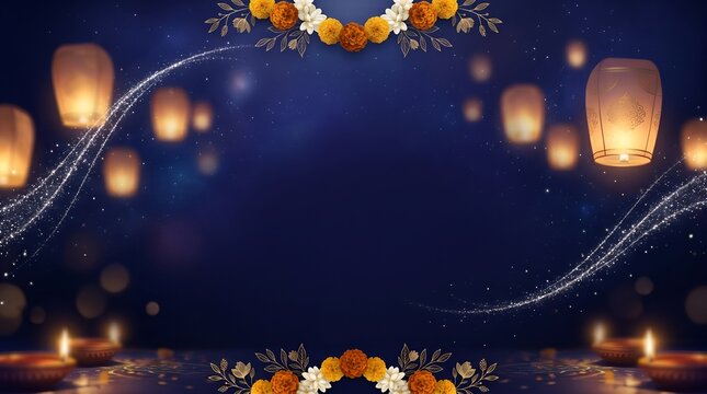 Hindu Festival Banner With Floating Lantern Lights