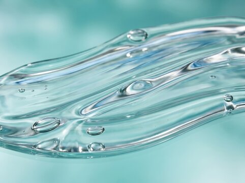 Closeup of clear gel or liquid with bubbles on a light blue background