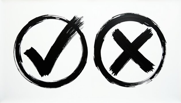 Black check mark and cross inside circles drawn with brush strokes on white background. Symbol for yes no correct incorrect choice or decision. Simple graphic.
