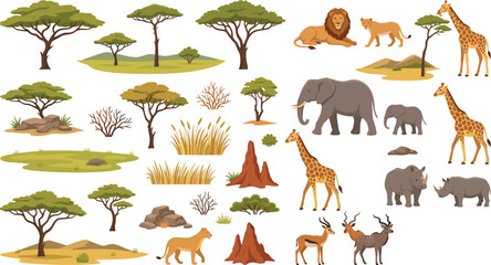 African Savannah Wildlife and Landscape Vector Element Set with Wild Animals, Acacia Trees, Rocks, Termite Mounds, and Grass for Nature Designs © MdTobarak