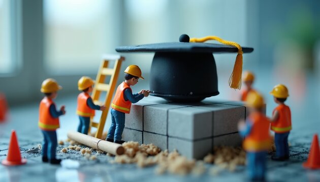Tiny construction workers build academic success, assembling a graduation cap. Miniature figures wear hard hats and vests, working on a diploma scroll at a university.