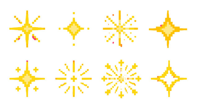Set of pixelated golden sparkle star icons on white