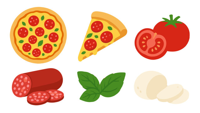 Pizza ingredients and slices with tomato basil salami and cheese