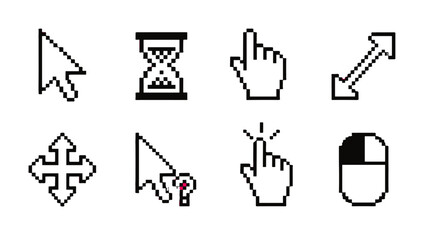 Fototapeta na wymiar Set of pixel cursor icons with pointer, hand, hourglass and mouse