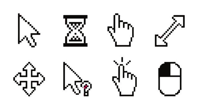 Set of pixel cursor icons with pointer, hand, hourglass and mouse