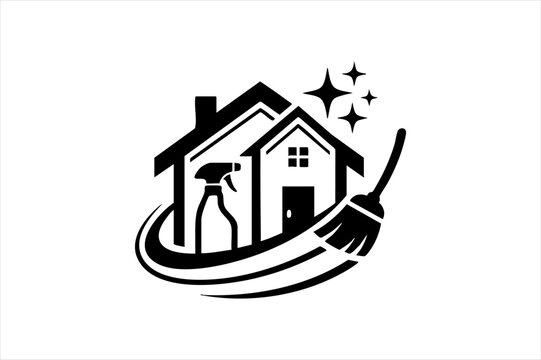 House cleaning services logo icon with broom and sparkling home concept cleaning janitorial maintenance