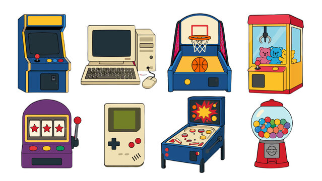 Cartoon arcade and retro gaming machines set collection