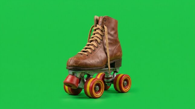 Vintage Brown Leather Roller Skate on Green Background