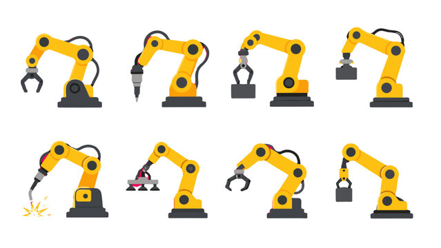 Set of industrial robotic arms with different tool attachments