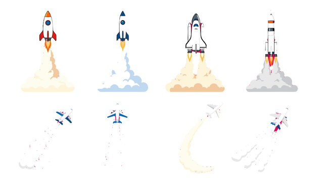Set of cartoon rockets, shuttle and airplane launch illustrations