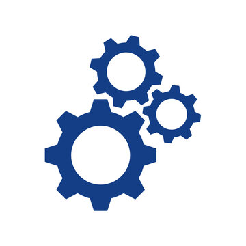 Blue gear icon set with three interlocking cogs isolated on transparent background
