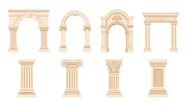 Set of classical arches and columns in beige vector style