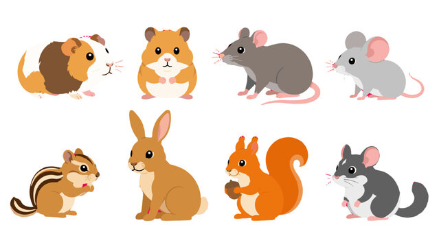 Cute cartoon rodents and rabbit animal set on white