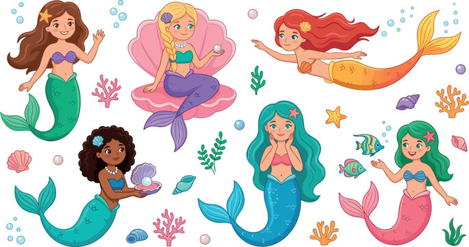 Cute Cartoon Mermaid Vector Character Set with Beautiful Underwater Princesses, Sea Shells, Pearls, Coral, and Fish for Fairy Tale Designs