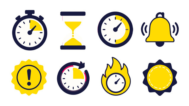 Set of yellow timer and alert icons in flat vector style
