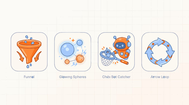 Set of four business and data processing concept icons in flat illustration style.