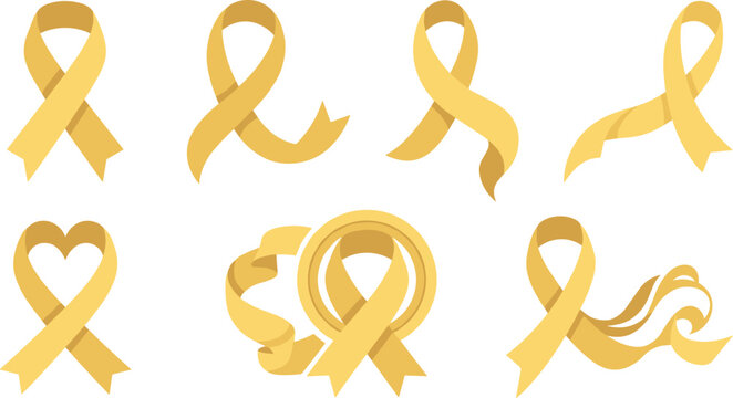 Gold Ribbon Awareness Vector Set with Heart, Wave, and Circular Loops for Childhood Cancer, Sarcoma, and Bladder Health Support Campaign Designs
