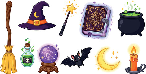 Magic Witchcraft and Wizardry Vector Element Set with Witch Hat, Magic Wand, Spellbook, Cauldron, Potion Bottle, and Crystal Ball for Halloween Designs © MdTobarak