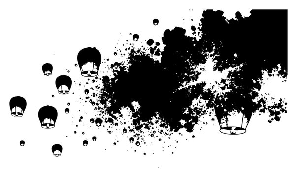Floating sky lanterns with artistic ink splatter and paint splash effect in minimalist style
