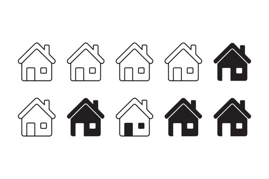 Set of ten house in outline and solid black fill variations arranged in two rows on a white background representing home and real estate symbols