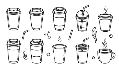 Obraz premium Takeaway Coffee Cups Hand Drawn Outline Vector Set