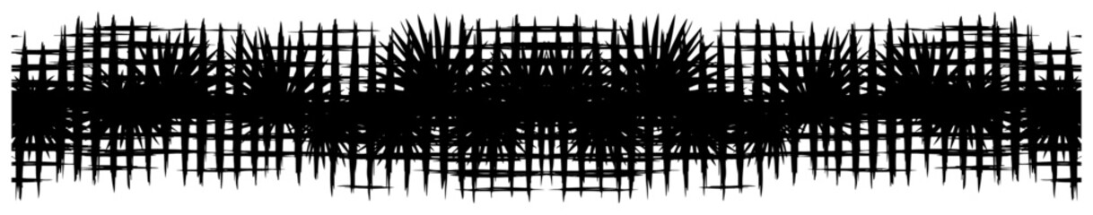 Naklejka premium Dense grid pattern and palm leaf silhouettes in a horizontal grunge border style